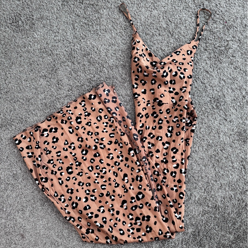 Plunge satin maxi dress, animal print, gold/cream color, spaghetti strap